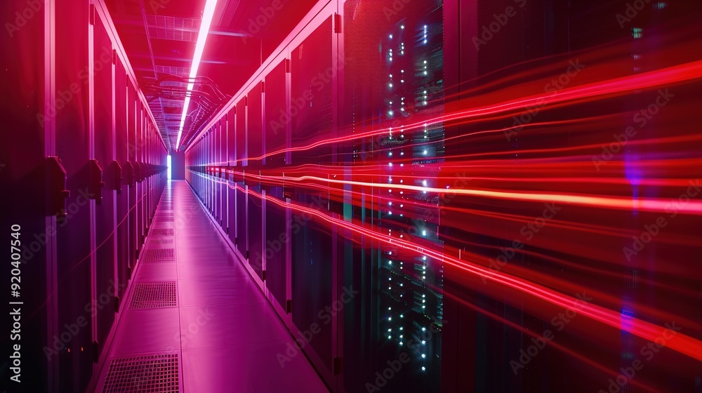 Time-Lapse of Dark Data Center with Light Trails Flying Between Multiple Rows of Operational Server Racks.Concept of Fast Modern World Time-Lapse of Dark Data Center with Light Trails Flying Between Multiple Rows of Operational Server Racks.Concept of Fast Modern World