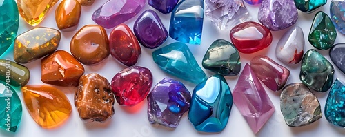 A collection of colorful semi-precious gemstones arranged neatly on a white background highlighting their vibrant hues and polished surfaces.