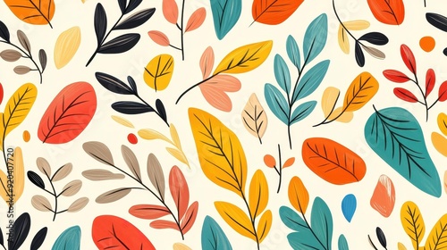 A vibrant flat illustration of leaves in a whimsical style, showcasing textures and patterns for a modern touch.