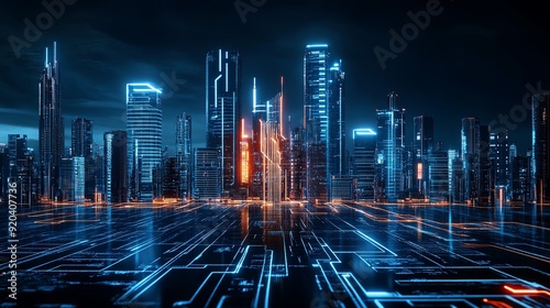 semi close-up futuristic cityscape with human and AI elements blended, concept of smart cities and future technology integration, urban background with neon lights, copy space for text, #920407736