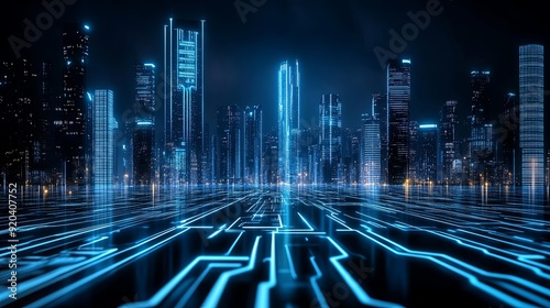 semi close-up futuristic cityscape with human and AI elements blended, concept of smart cities and future technology integration, urban background with neon lights, copy space for text, #920407752