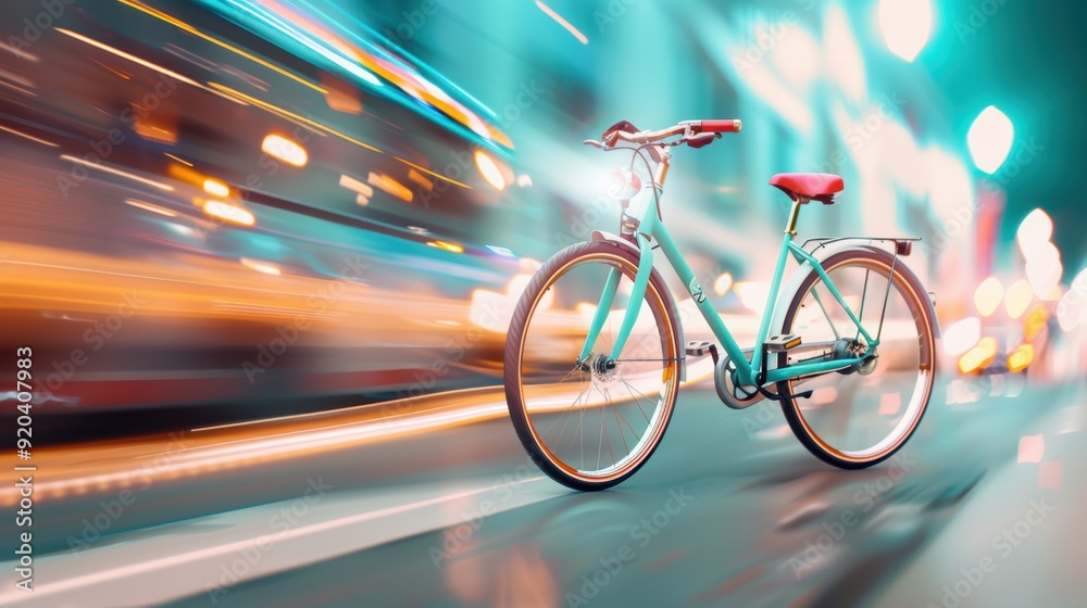 Fototapeta premium A dynamic image of a bicycle speeding through a city street at night, its headlights and taillights creating vibrant streaks of light.