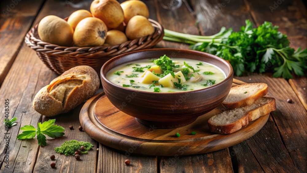 Steaming hot potato soup served in a rustic ceramic bowl, garnished with chopped fresh herbs and crusty bread on a vintage wooden table. Steaming hot potato soup served in a rustic ceramic bowl, garnished with chopped fresh herbs and crusty bread on a vintage wooden table.