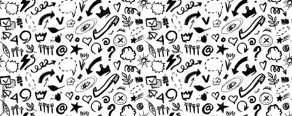 Girly geometric seamless pattern with various brush strokes and shapes, with stars, heart, flowers, arrows and eyes in childish style. Hand drawn punk trendy background. Girly geometric seamless pattern with various brush strokes and shapes, with stars, heart, flowers, arrows and eyes in childish style. Hand drawn punk trendy background.