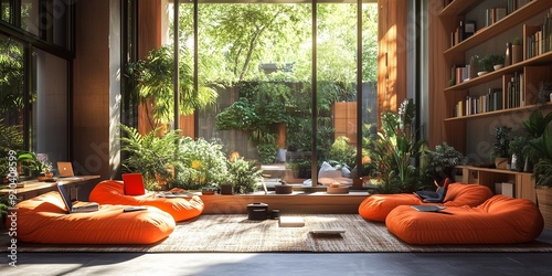 Relaxed Freelance Hub with Indoor Garden and Laptops, generative ai