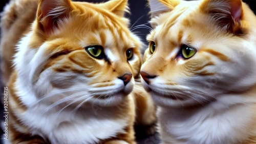  Two identical orange tabby cats face to face, cute feline twins with striking green eyes, perfect symmetry, adorable cats bonding, unique twin cats interaction, animal friendship moment video photo