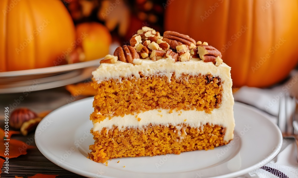A slice of homemade pumpkin cake with pecan nuts, Generative AI A slice of homemade pumpkin cake with pecan nuts, Generative AI