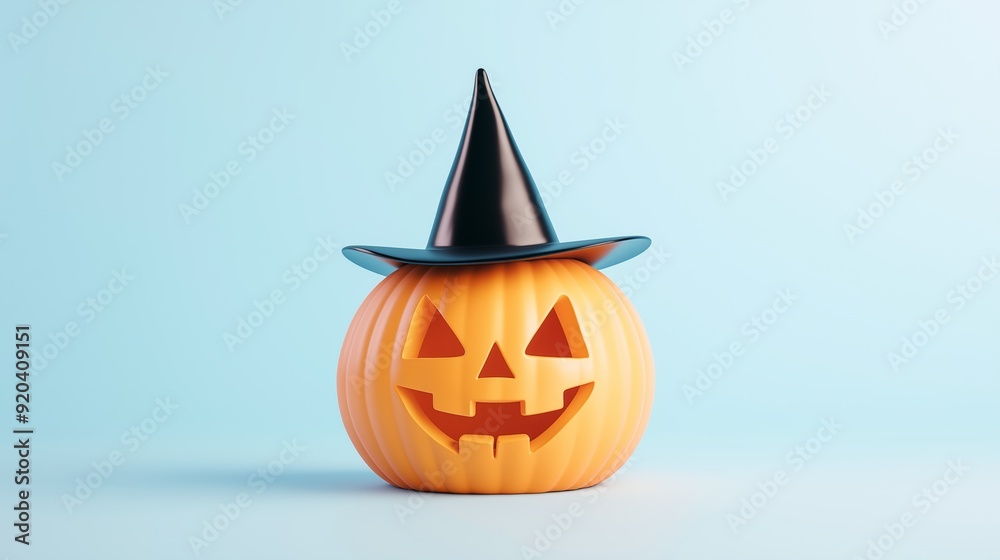 A carved pumpkin wearing a black witch hat against a light blue background during Halloween festivities, 3d illustration. A carved pumpkin wearing a black witch hat against a light blue background during Halloween festivities, 3d illustration.