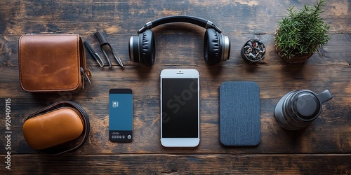 Modern Commuter Setup: Organized Travel Mug, Smartphone, and Headphones on Desk, generative ai