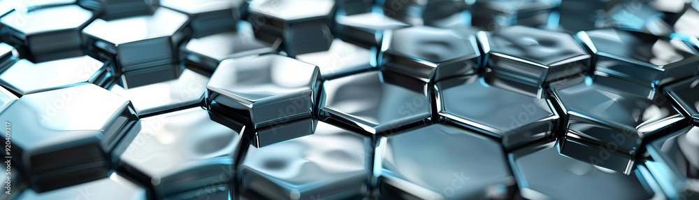 Metallic 3D hexagons forming an abstract pattern, Futuristic, Cool Tones, Reflective Surfaces, High Resolution Metallic 3D hexagons forming an abstract pattern, Futuristic, Cool Tones, Reflective Surfaces, High Resolution