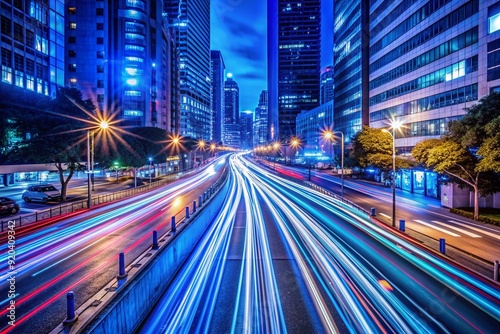 Vibrant blue headlights streak across a dark city street, blurring into swirling lines of light, capturing the dynamic energy of a bustling metropolis at night. photo