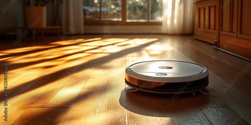 High-Resolution Image of a Stylish Robot Vacuum in Action, generative ai High-Resolution Image of a Stylish Robot Vacuum in Action, generative ai