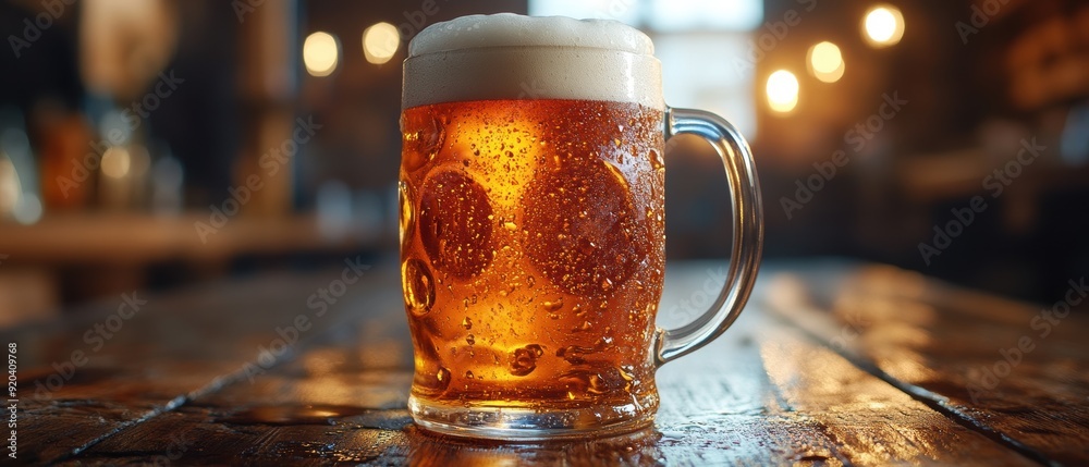 A frothy mug of amber beer rests on a rustic wooden table, capturing a cozy atmosphere perfect for gathering and enjoyment