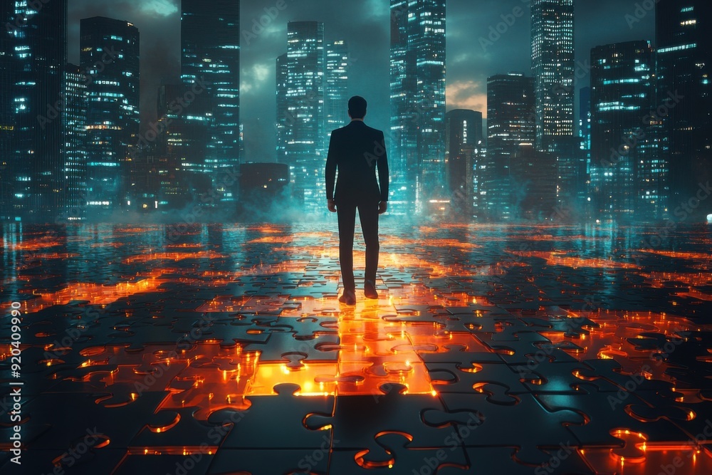 Fototapeta premium Businessman Walking on Puzzle Path Symbolizing Strategy and Problem-Solving