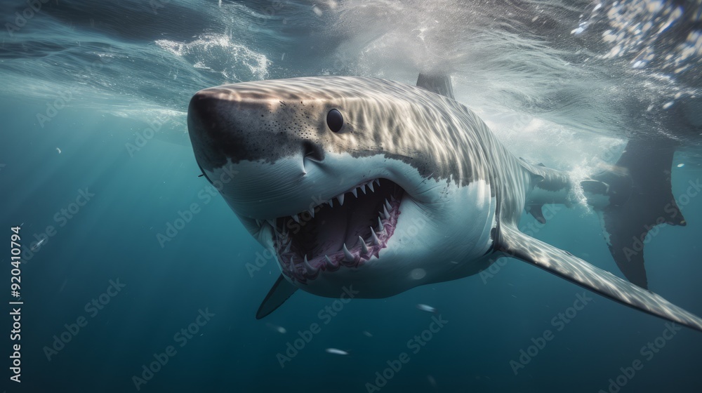 Fototapeta premium Ocean shark bottom view from below. Open toothy dangerous mouth with many teeth. Neural network ai generated art