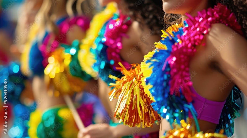 Close-up of a group of beautiful cheerleaders performing at an outdoor sports competition. Close-up of a group of beautiful cheerleaders performing at an outdoor sports competition.