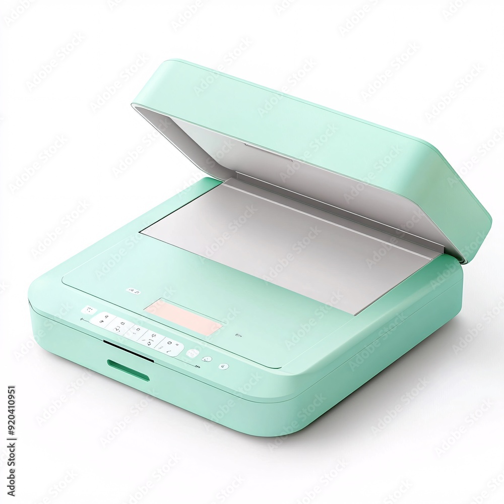 240805 118. Scanner in mint green shade, white background, 3D Rendering, isometric, compact document feeder, sleek curved body, LED scanning bar 240805 118. Scanner in mint green shade, white background, 3D Rendering, isometric, compact document feeder, sleek curved body, LED scanning bar