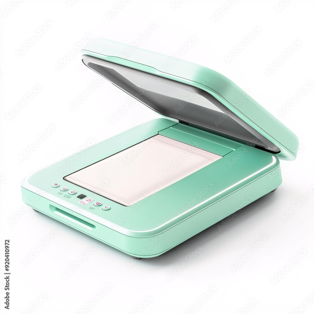 240805 118. Scanner in mint green shade, white background, 3D Rendering, isometric, compact document feeder, sleek curved body, LED scanning bar 240805 118. Scanner in mint green shade, white background, 3D Rendering, isometric, compact document feeder, sleek curved body, LED scanning bar