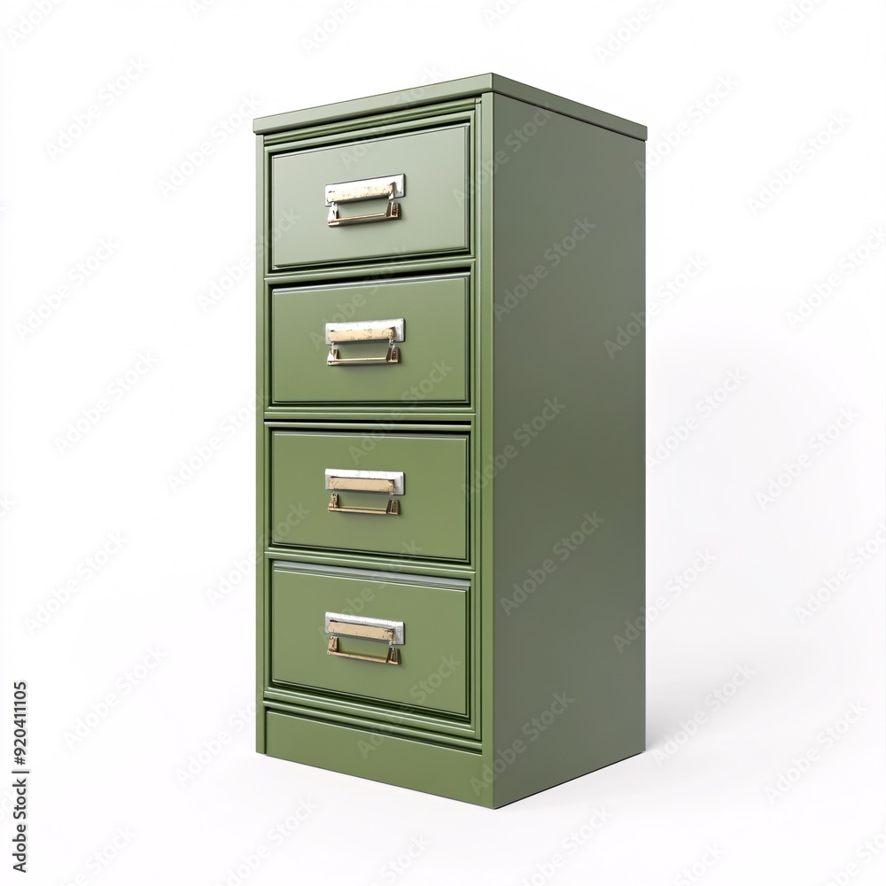 240805 126. File cabinet, olive green color, white background, 3D Rendering, isometric, vertical design with four drawers, brushed metal handles 240805 126. File cabinet, olive green color, white background, 3D Rendering, isometric, vertical design with four drawers, brushed metal handles