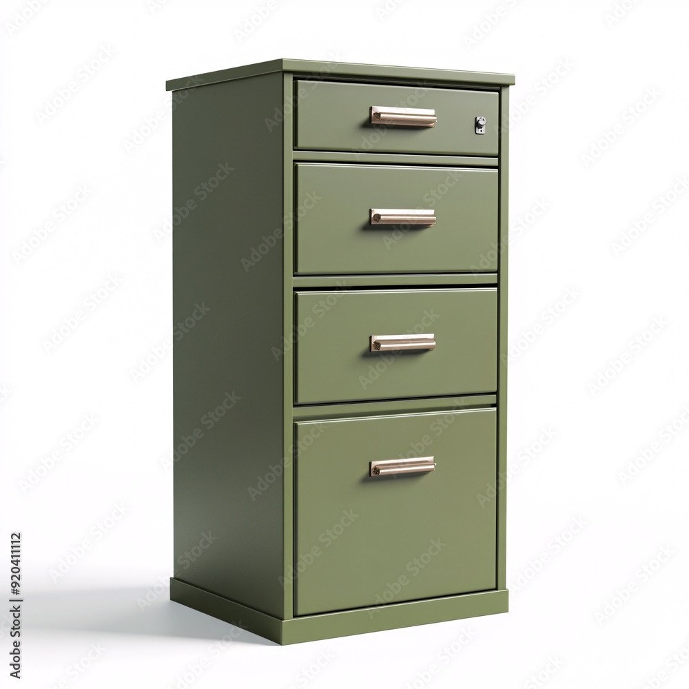 240805 126. File cabinet, olive green color, white background, 3D Rendering, isometric, vertical design with four drawers, brushed metal handles 240805 126. File cabinet, olive green color, white background, 3D Rendering, isometric, vertical design with four drawers, brushed metal handles