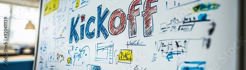 A whiteboard covered with colorful doodles and notes, prominently featuring the word 