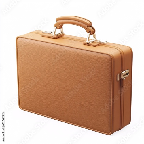 240805 132. Tan colored briefcase, white background, 3D Rendering, isometric, slim attache style, textured exterior, expandable gusset, shoulder strap