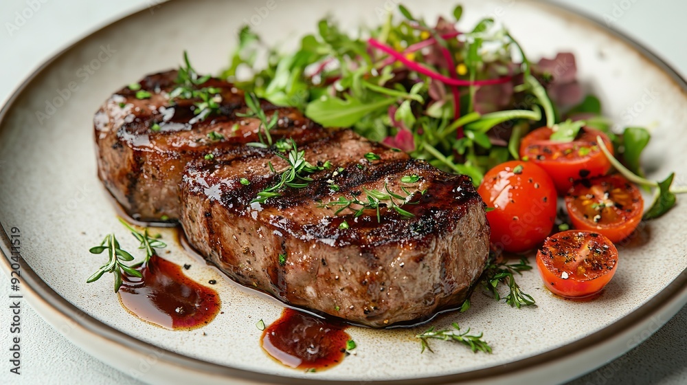 Top view of delicious grilled beef steak and rough potatoes with vegetable salad served on a plate on transparent background. Top view of delicious grilled beef steak and rough potatoes with vegetable salad served on a plate on transparent background.
