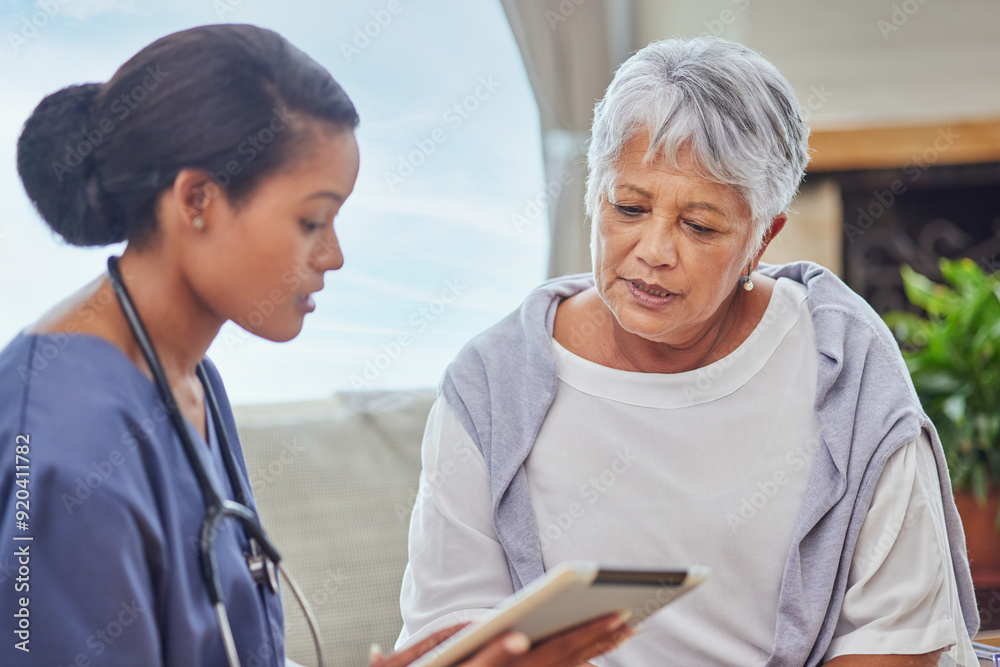 Woman, nurse and patient with tablet in elderly care for home assistance, checkup or advice. Female person or medical caregiver talking to mature client on technology for healthcare, results or plan Woman, nurse and patient with tablet in elderly care for home assistance, checkup or advice. Female person or medical caregiver talking to mature client on technology for healthcare, results or plan