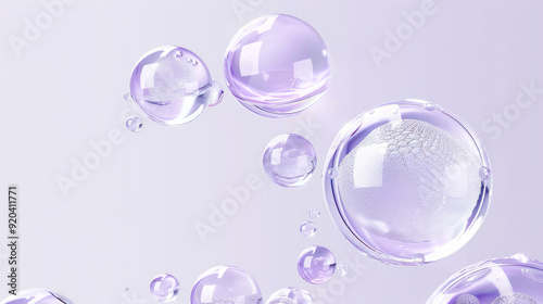 Hyaluronic acid skin solutions ad, collagen serum drops. cosmetics advertising background. Abstract texture of transparent liquid bubbles on light lilac background. Collagen Hydrolysate. Copy space