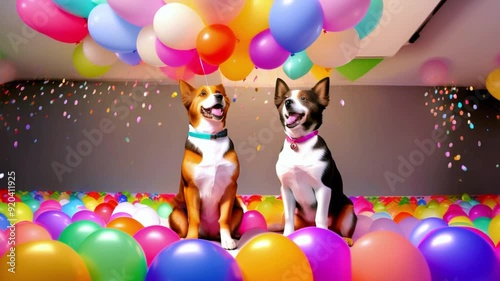  Two happy dogs surrounded by colorful balloons, festive celebration with playful pets, joyful party atmosphere, cheerful canine friends, perfect for pet-themed birthday and fun moments video photo