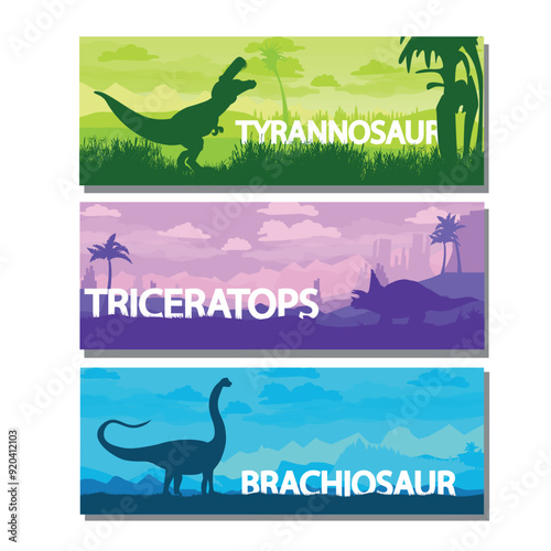 Set of panoramas of dinosaurs, extinct animals. Prehistoric beautiful landscape. Giant Jurassic animal. vector