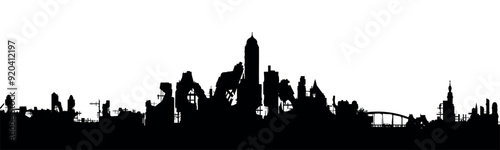 Silhouette of a destroyed city on a white background. War in the city. Vector.