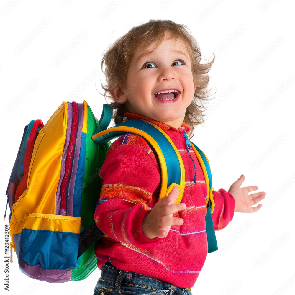 A first-grade student wearing a colorful backpack, their face full of excitement for going to school, on a white background. A first-grade student wearing a colorful backpack, their face full of excitement for going to school, on a white background.