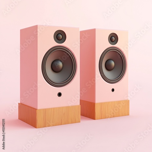 240805 174. Bookshelf speakers, soft pink hue, white background, 3D Rendering, isometric, acoustically tuned, wooden enclosure, silk dome tweeters photo