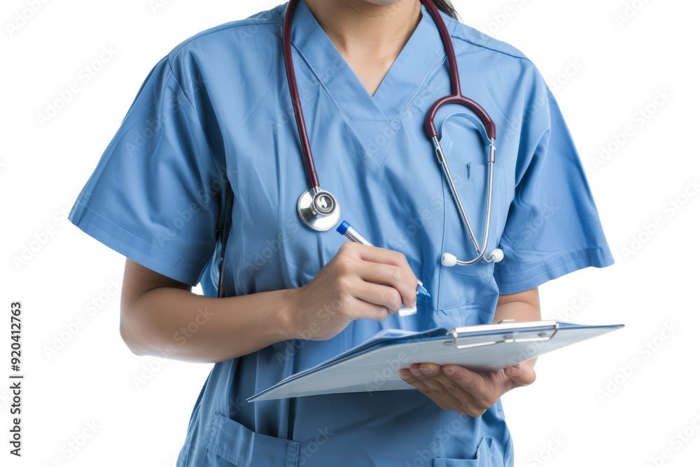 A nurse in scrubs, wearing a stethoscope around her neck, holding a clipboard, white background. A nurse in scrubs, wearing a stethoscope around her neck, holding a clipboard, white background.