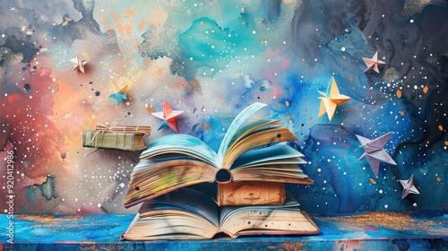 Education, Expanded Watercolor Book, Origami Stars, Dreamy Space Sky Background, Fantasy Illustration, Watercolor