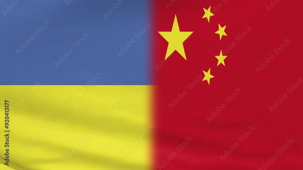Realistic Animation of Waving Flag Combination of UKRAINE and CHINA Background