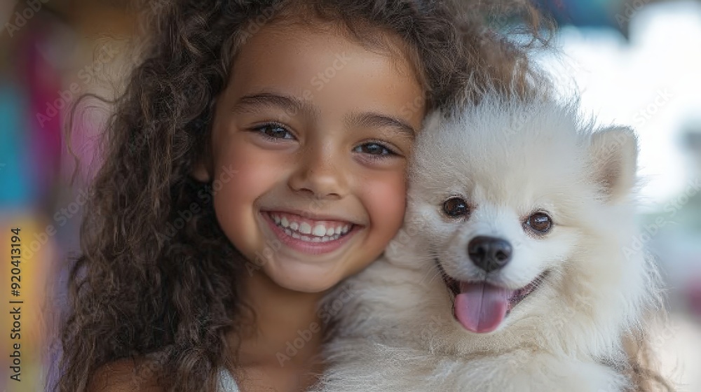 Joyful Girl Embracing Fluffy Dog in Sunny Outdoor Scene Joyful Girl Embracing Fluffy Dog in Sunny Outdoor Scene