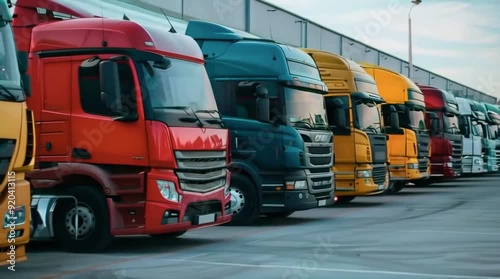 Fleet of trucks parked at parking lot yard of delivery company. Truck transport. Logistic industry. Freight transportation. Commercial truck for delivering goods from warehouse