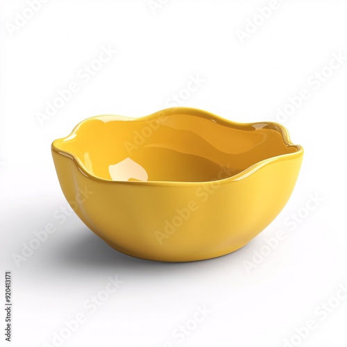 240805 196. Snack bowl, sunny yellow color, white background, 3D Rendering, isometric, ceramic material, wavy rim design, chip resistant photo