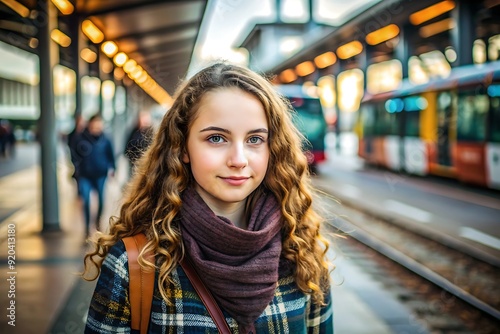 Young woman with long hair standing near train station.