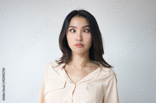 woman suffering from strabismus, bulging eye, hyperthyroidism, graves disease, eye sickness or disorder, eye care concept