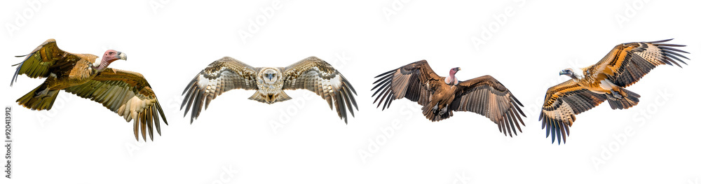 Fototapeta premium Set of Eagle soaring majestically, wings spread wide, isolated on a transparent background