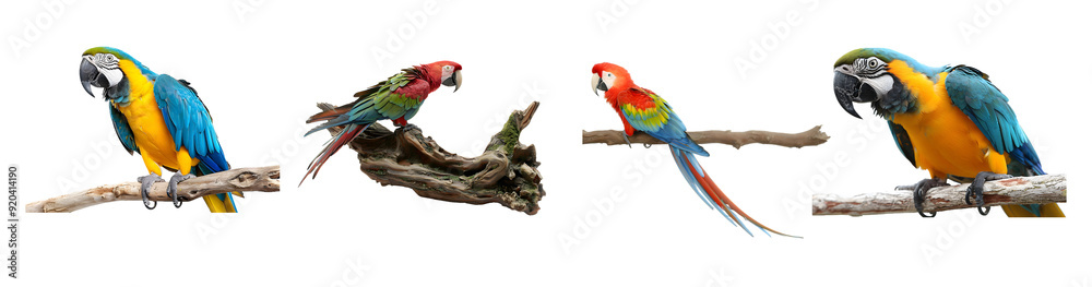 Macaw parrots on branch, Set of macaw perched on a branch, cut out - stock png Macaw parrots on branch, Set of macaw perched on a branch, cut out - stock png