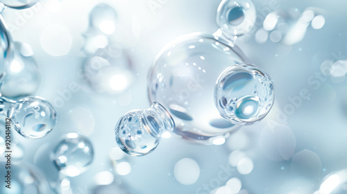 Hyaluronic acid molecules background. Collagen molecular structure. Bubbles, moisturiser, liquid essence, serum or toner, beauty and cosmetics background. Skin care. Amino acid chemical formula