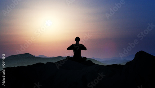 Backlit man in yoga pose on bright sunset background with mock up place. Calmness concept.