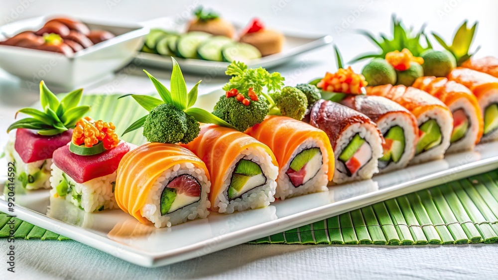 Vibrant sushi rolls and sashimi artfully arranged on a sleek, modern tablecloth against a bright, airy white background, evoking freshness and sophistication. Vibrant sushi rolls and sashimi artfully arranged on a sleek, modern tablecloth against a bright, airy white background, evoking freshness and sophistication.
