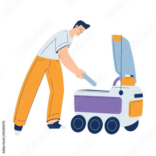 Man Use Robot Online Delivery Service Vector Illustration