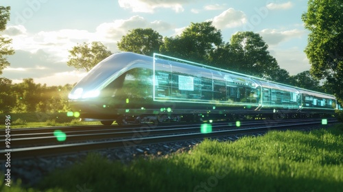 Futuristic High-Speed Train with Digital Interface Traveling Through a Forest photo