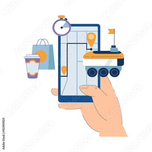 Human Hand Use Robot Online Delivery Service with Smartphone App Vector Illustration